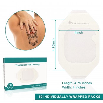 Transparent Film Dressing, 4''x4.7'' Waterproof Wound Cover Bandage, Clear Adhesive Bandages for IV Shield, Tattoo Aftercare, Shower Protector (50 Pcs)